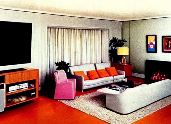 Prompt: a living room in 1982! A square CRT TV is on, with Netflix on the screen!!!!! Disposable camera