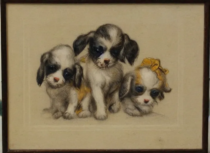 Prompt: Louis Icart, an old elaborate colored drawing of adorable little puppies by Louis Icart, highly detailed, masterpiece