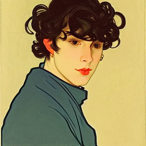 Image similar to painting of young cute handsome beautiful dark medium wavy hair man in his 2 0 s named shadow taehyung at the halloween pumpkin jack o'lantern party, melancholy, autumn colors, japan, elegant, clear, painting, stylized, delicate, soft facial features, delicate facial features, soft art, art by alphonse mucha, vincent van gogh, egon schiele