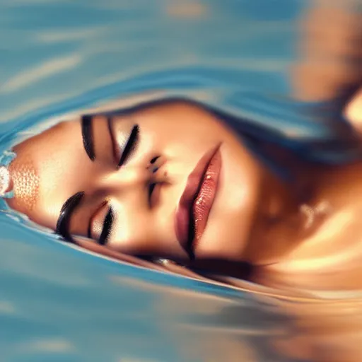 Prompt: eye - level view of a beautiful woman, laying on the ground, hands peacefully resting under her chin, water reflection!!!!!, water mirrored water, reflection echo, 4 k, detailed facial features!!!!!, artstation photorealism, photorealism