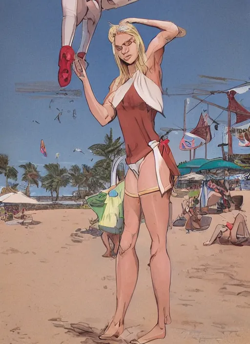 Image similar to , a gorgeous hulking woman with very long hip-length blonde hair, happy sunny day, wearing a cut-off white top and red dirt cut-off shorts standing by the water, beach tennis, modern architecture, in the style of artgerm and moebius and annie liebovitz, marvel comics, photorealistic, highly detailed, trending on artstation, Gediminas Pranckevicius