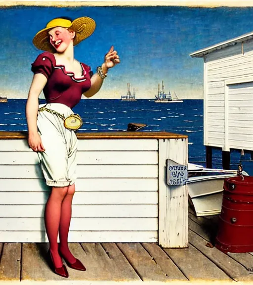 Image similar to a beautiful silicone lady standing on a wharf at the edge of the sea by gil elvgren and william blake and norman rockwell, crisp details, hyperrealism, smiling, happy, feminine facial features, stylish navy blue heels, gold chain belt, cream colored blouse, maroon hat, windblown, holding a leather purse