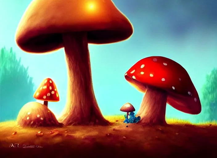 Image similar to a cute creature sitting next to a mushroom, illustration for a children's book, digital art, detailed, rim light, exquisite lighting, clear focus, very coherent, soft lighting, character design, concept, atmospheric, dystopian, sci - fi, dark, trending on artstation, fog, sun flare