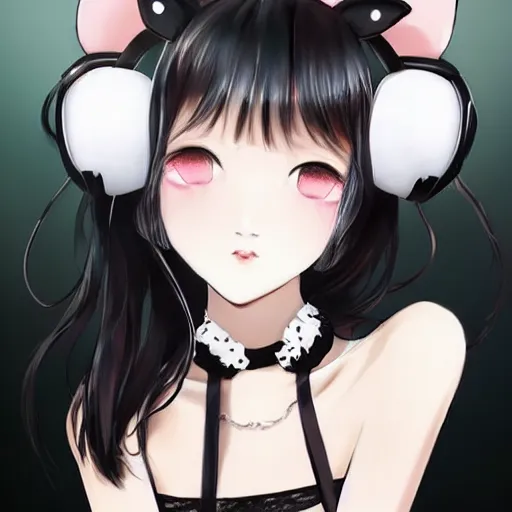 Image similar to realistic beautiful gorgeous buxom natural cute blushed shy girl Blackpink Lalisa Manoban black hair cute fur black cat ears, wearing white camisole, headphones, black leather choker artwork drawn full HD 4K highest quality in artstyle by professional artists WLOP, Taejune Kim, Guweiz on Pixiv Instagram Artstation