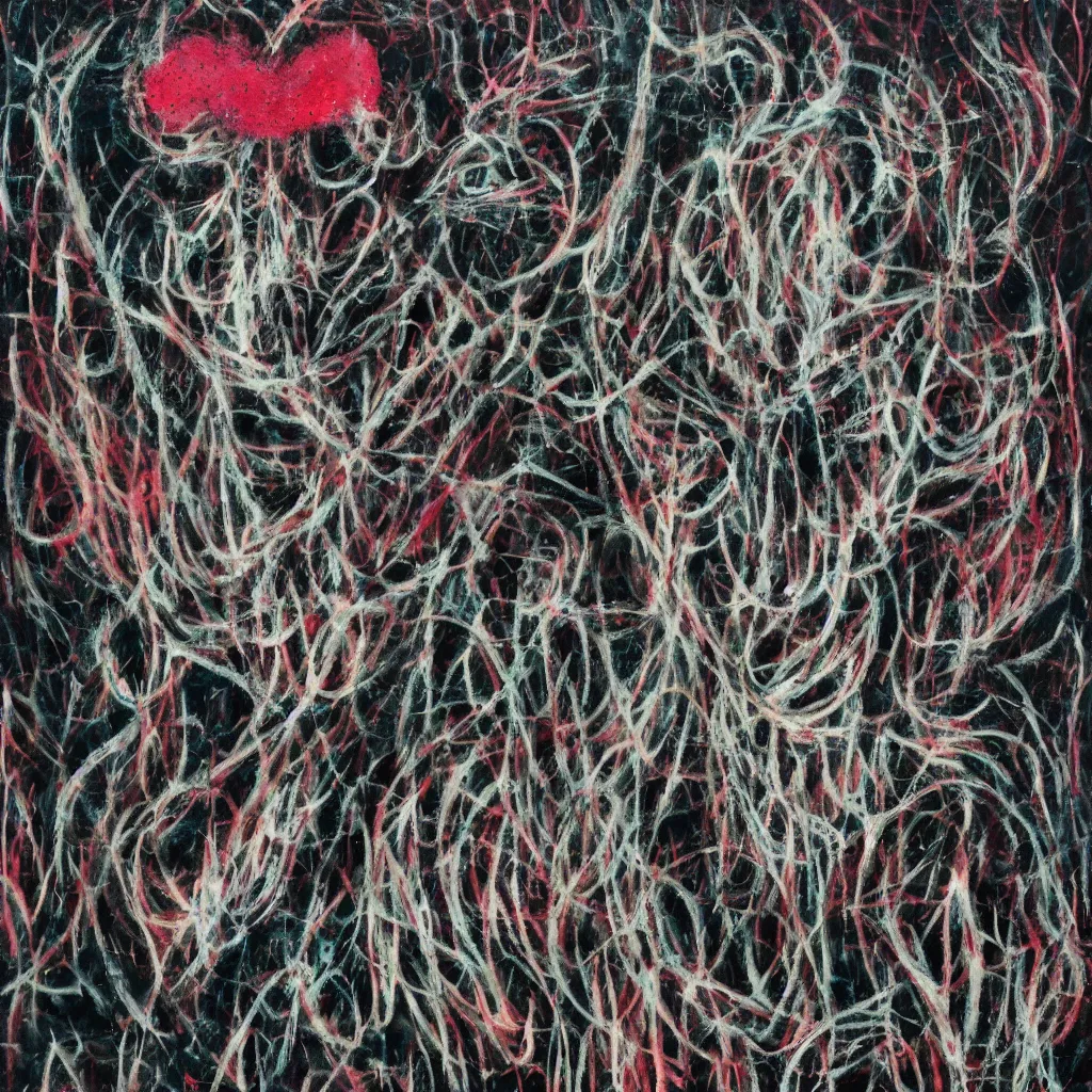 Image similar to camo made of teeth, smiling, abstract, francis bacon artwork, cryptic, dots, spots, stipple, lines, splotch, color tearing, pitch bending, faceless people, dark, ominous, eerie, hearts, minimal, points, technical, old painting, neon colors, folds