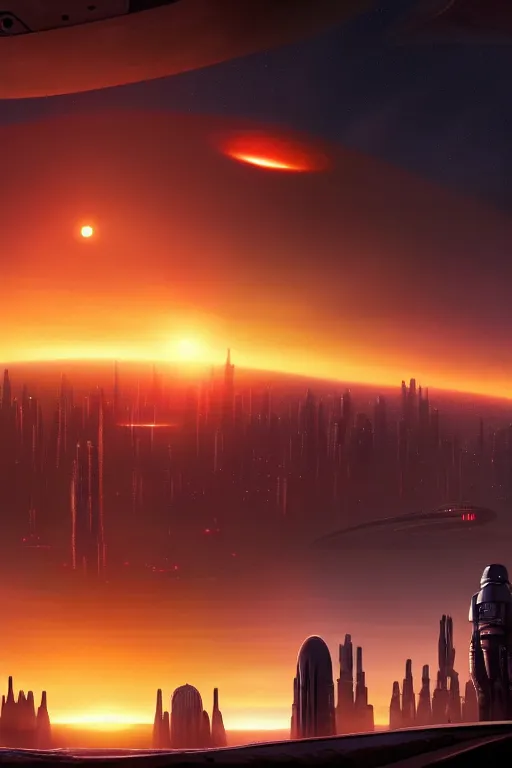 Prompt: sifi - ci city sunset, planets in the sky by dylan cole, matte painting with high detail, ground level, sci - fi star wars megacity with dramatic lighting and dramatic sky, 4 k, cinematic cinematography.