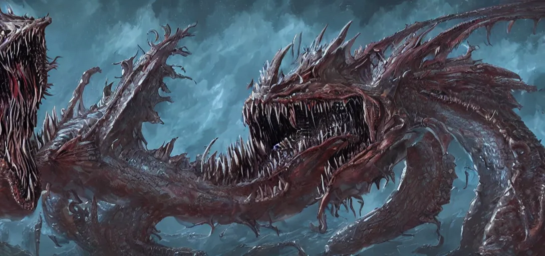 Image similar to concept art of dragon attack, lovecraftian, lots of teeth, melting horror, feathers, fighting the horrors of the unknown with laser guns