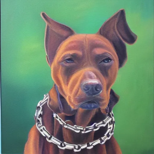 Prompt: mad dog on a chain, oil painting by jennifer pochinski,