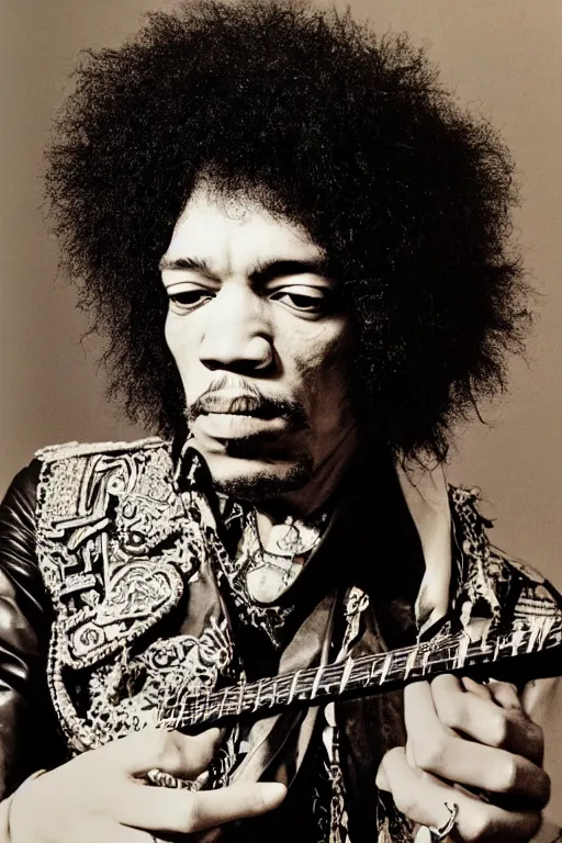 Image similar to photo of jimi hendrix styled by nick knight posing, showstudio, face close up, vogue magazine, 1 9 7 0, canon, highly realistic. high resolution. highly detailed. dramatic. 8 k. 4 k