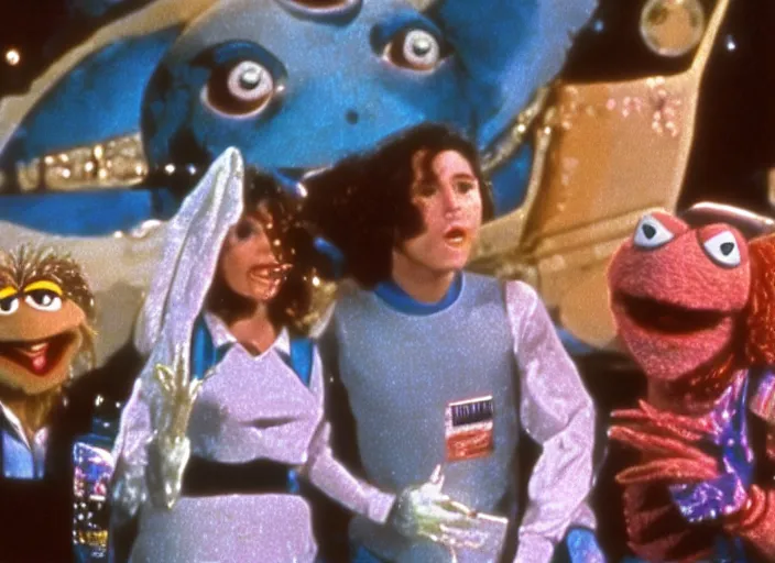 Prompt: scene from the 1 9 8 6 science fiction film muppet aliens