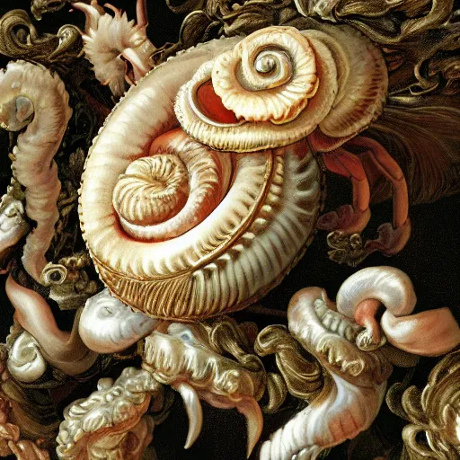 Prompt: one rococo hyperdetailed photorealistic highly detailed hermitcrab in bloom, overgrown by maximalist flemish baroque shells. hd! matte illustration