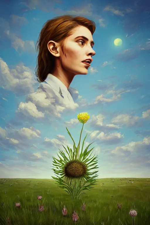 Prompt: portrait, enormous thistle flower as face, a girl in a suit in field of flowers, surreal photography, sunrise, blue sky, dramatic light, impressionist painting, digital painting, artstation, simon stalenhag