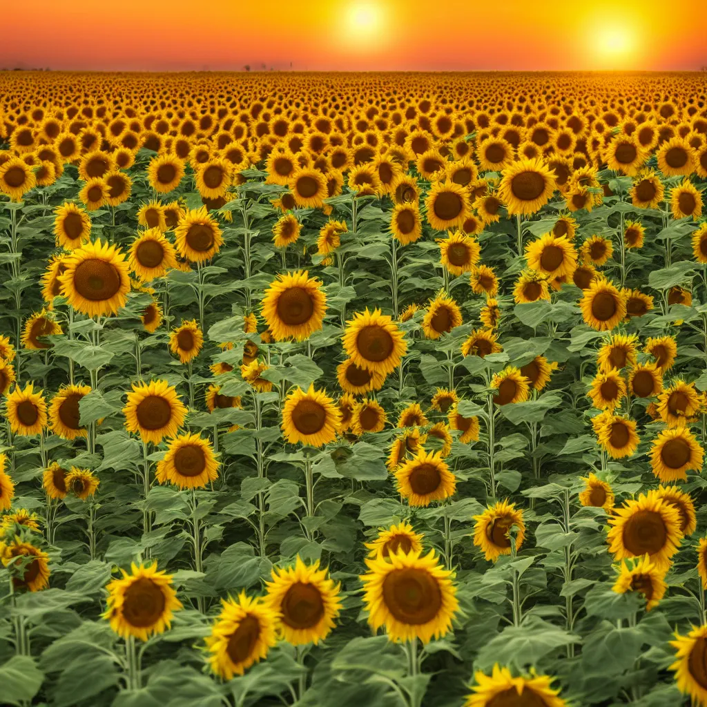 Prompt: a field of sunflowers with the sun setting in the background, scarecrow, a picture by pogus caesar, shutterstock contest winner, color field, photo taken with ektachrome, backlight, sunrays shine upon it