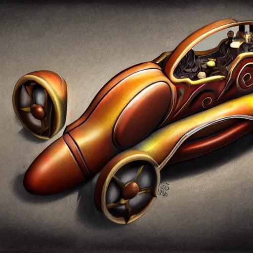 Prompt: a concept art of a steampunk car with a shape of an hot dog