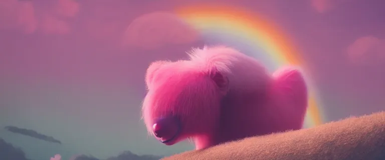 Prompt: a fuzzy teddy bear painted by Mike Winkelmann, fluffy clouds, pink girl, cotton candy, dreamy soft, rainbow