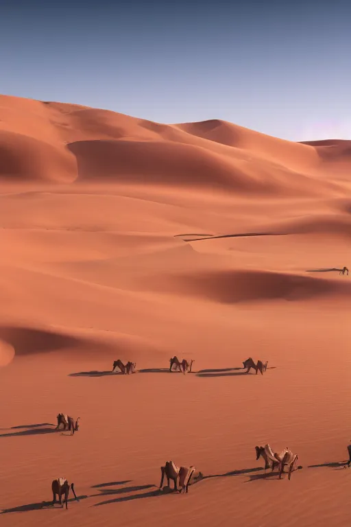 Image similar to a vast arabic desert landscape with minimal vegetation in the style of thomas cole and a group of camels crossing a dune, raytracing, 8 k, octane render, volumetric, vivid, beautiful, hyperrealism