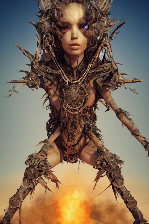 Image similar to a centered photo of a post apocalyptic supermodel goddess at burning man festival playa, powerful, cinematic, beautifully lit, by artgerm, by craig mullins, by karol bak, 3 d, perfect face and body, trending on artstation, octane render, 8 k