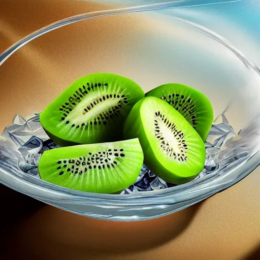 Prompt: close up of large clear bowl full of water with kiwifruit slices floating in it. 4K award winning photorealistic concept art. smooth, sharp focus, illustration, art by artgerm and moebius and alphonse mucha 3/4 view. infomercial. promotional. clear photography. 8k.