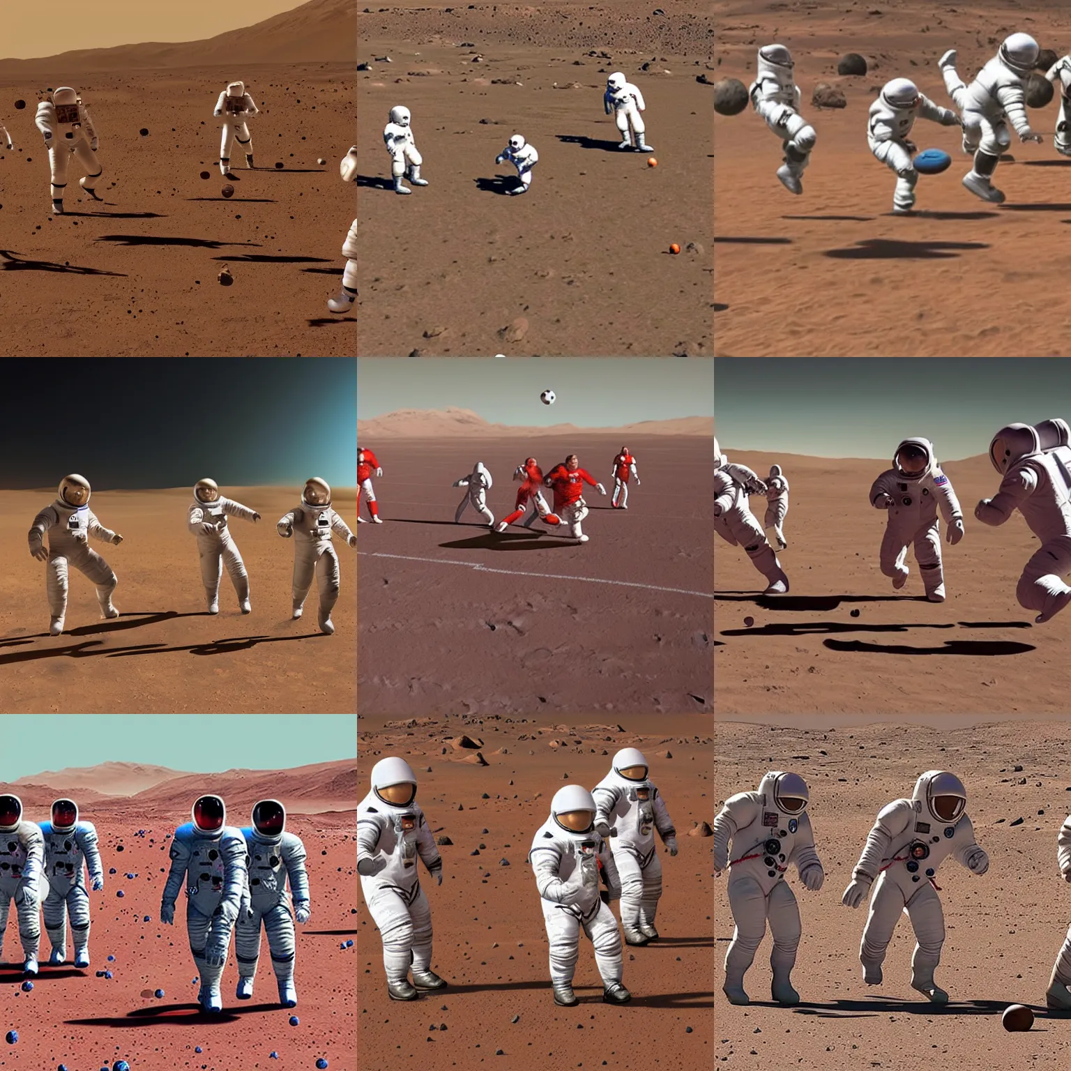 Prompt: a team of astronauts playing football on mars. highly photo realistic