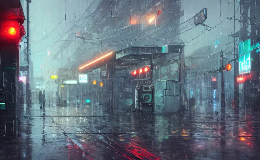 Image similar to A digital painting of a close-up view of a raining cyberpunk street, with four vending machines, some street lights and padestrians, by Ismail Inceoglu and Caspar David Friedrich, 4k, ue5, light effect, rtx on, realistic, cinematic, trending on artstation