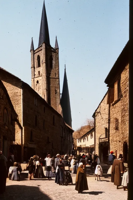 Prompt: a color 3 5 mm photograph of a villagers milling around in a medieval town square with a looming cathedral