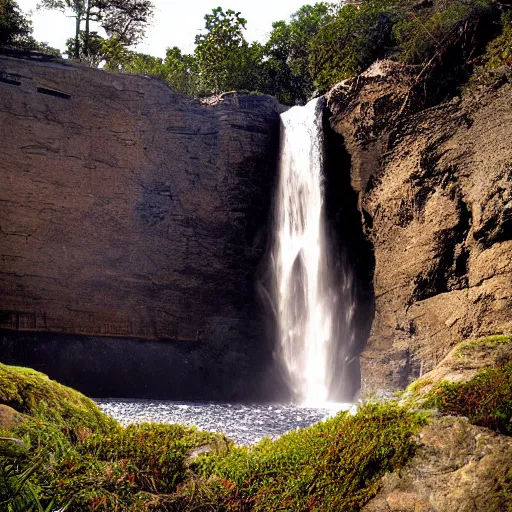 Prompt: Cliff with a waterfall, matte painting by Dylan Cole