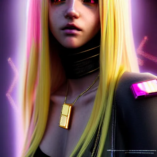 Prompt: hyperdetailed portrait of a stunningly beautiful cyberpunk cutie european girl with blonde hair guard made of iridescent metals and shiny pink gems, bright rainbow nimbus, gold necklace, gold background inspired by ross tran and masamune shirow and kuvshinov, intricate, photorealistic, octane render, rtx, hdr, unreal engine, dnd digital art by artgerm