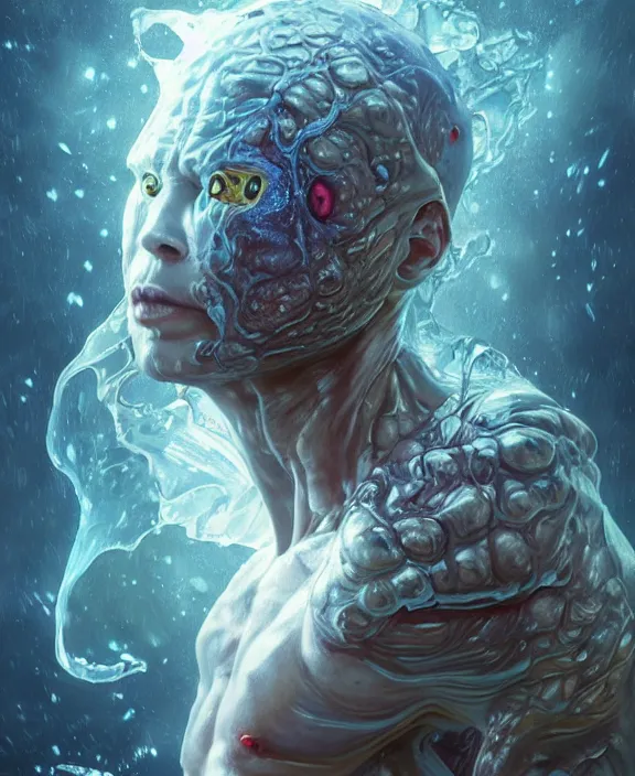 Prompt: portrait of a shining slime dripping predatory insect alien monster, slime, muscles, rippling slime, milky way environment, ultra realistic, concept art, intricate details, eerie, highly detailed, photorealistic, octane render, 8 k, unreal engine. art by artgerm and greg rutkowski and alphonse mucha
