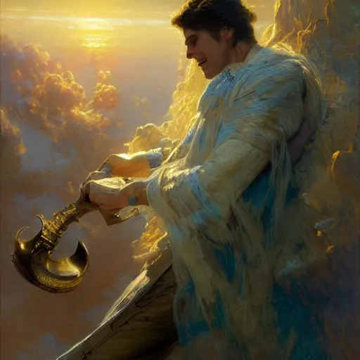 Image similar to stunning male wizard causing huge tsunami by exhaling breath, highly detailed painting by gaston bussiere, craig mullins, j. c. leyendecker, 8 k