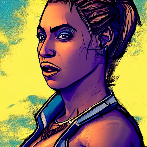 Prompt: beyonce portrait, borderlands, tales from the borderlands, the wolf among us, comic, cinematic lighting, studio quality, 8 k