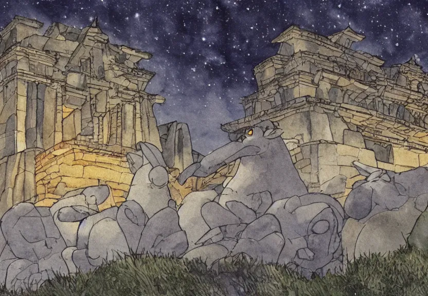 Image similar to a cell - shaded watercolor concept art from a studio ghibli film showing one giant grey griffon. a temple is under construction in the background in machu pichu on a misty and starry night. by studio ghibli. very dull muted colors