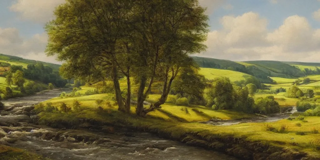 Image similar to a beautiful landscape painting of a yorkshire countryside valley with a river, oil on canvas, highly detailed, hd, 4 k