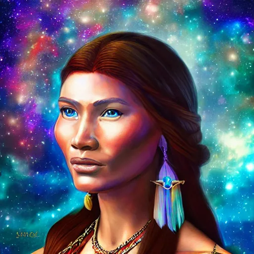 Image similar to a portrait of Pocahontas in the space with nebulae, realistic painting, high definition, digital art, matte painting, very detailed, realistic