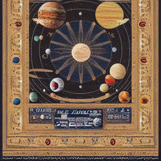 Prompt: solar system oriental rug, sun, planets, moon, high quality photography
