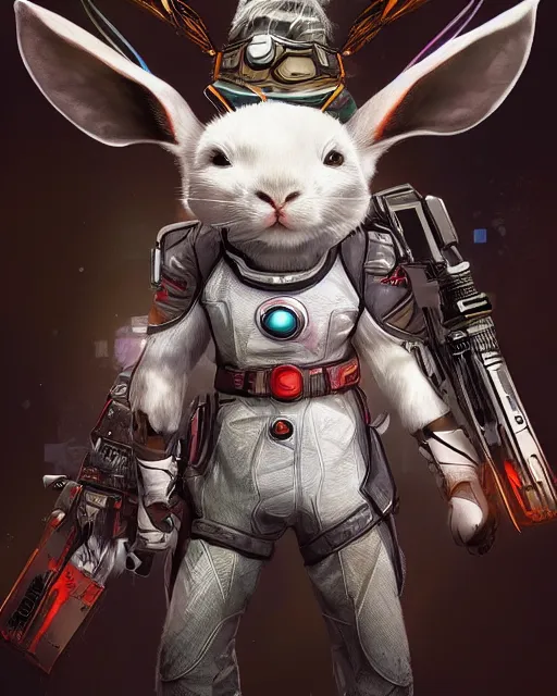 Prompt: White Rabbit as an Apex Legends character digital illustration portrait design by, Mark Brooks and Brad Kunkle detailed, gorgeous lighting, wide angle action dynamic portrait