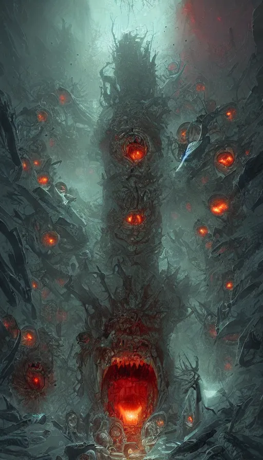 Image similar to a storm vortex made of many demonic eyes and teeth, by marc simonetti