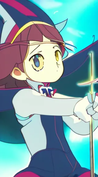 Prompt: Anime Screenshot of a LITTLE WITCH ACADEMIA unsheathing her sword at night, strong blue rimlit, visual-key, Nighttime Moonlit, anime illustration BY STUDIO TRIGGER