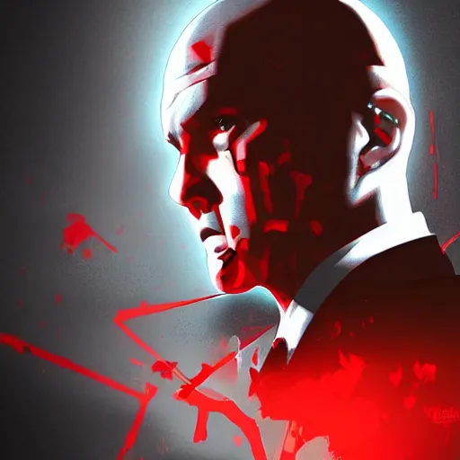 Image similar to a portrait of agent 4 7 from hitman wearing headphones, dark background, red rim light, digital art, artstation, art by yoji shinkawa