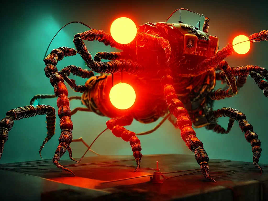 Image similar to A frightening gigantic evil robot scorpion devouring books with pipes and tubes and wires, hyperealistic very colourful hdr cinematic lighting cgi render photorealistic cinematic octane render