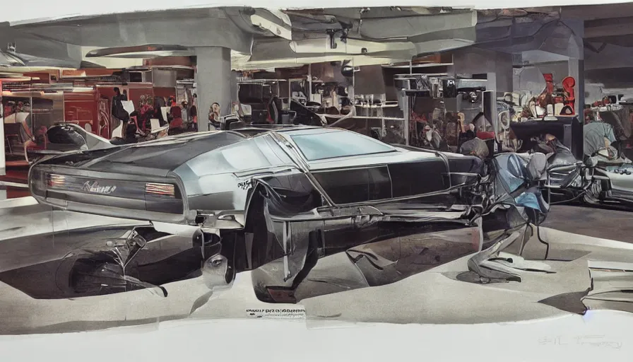 Image similar to 1955 DeLorean as designed by Ford concept by Syd Mead, full color catalog print