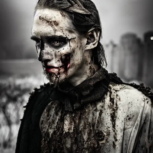 Image similar to head and shoulders vogue fashion photo portrait of a decaying male medieval villager zombie in a dark nighttime medieval graveyard, d & d