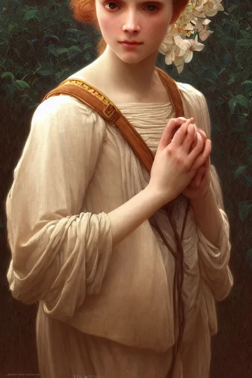 Image similar to Portrait of beautiful pale peasant girl, cinematic lighting, intricate, elegant, highly detailed, digital painting, artstation, smooth, sharp focus, illustration, art by artgerm and greg rutkowski and alphonse mucha and Wayne Barlowe and william-adolphe bouguereau