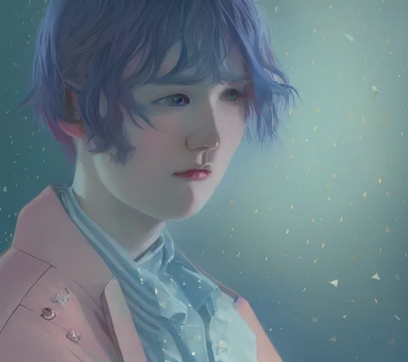 Prompt: harmony blue jacket, ( grey curtains fringe hairstyle cute yoongi, plump lips ) tiny rainbow triangles, by wlop, james jean, victo ngai, muted colors, highly detailed, fantasy art by craig mullins, thomas kinkade