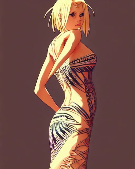 Image similar to blond woman in a tribal ripped dress, by artgerm, by studio muti, greg rutkowski makoto shinkai takashi takeuchi studio ghibli