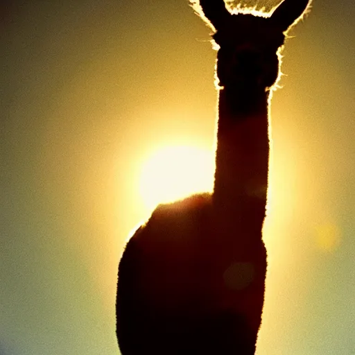 Image similar to film still of a llama dunking a basketball, low angle, extreme long shot, indoors, dramatic backlighting