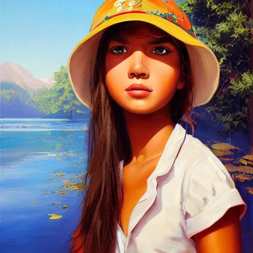 Image similar to oil painting by ilya kuvshinov,, baugh casey, artgerm craig mullins, coby whitmore, of a youthful indian girl, long hair, fishing and wearing fisherman's outfit, fisherman's hat, highly detailed, breathtaking face, studio photography, noon, intense bounced light, water reflection, large tree casting shadow, serine intense sunlight