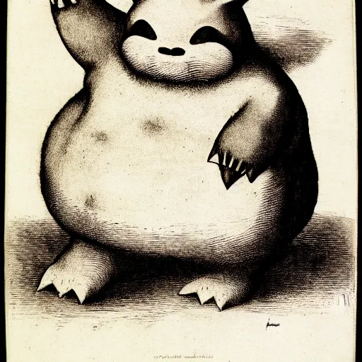 Image similar to snorlax, copperplate etching by albrecht durer