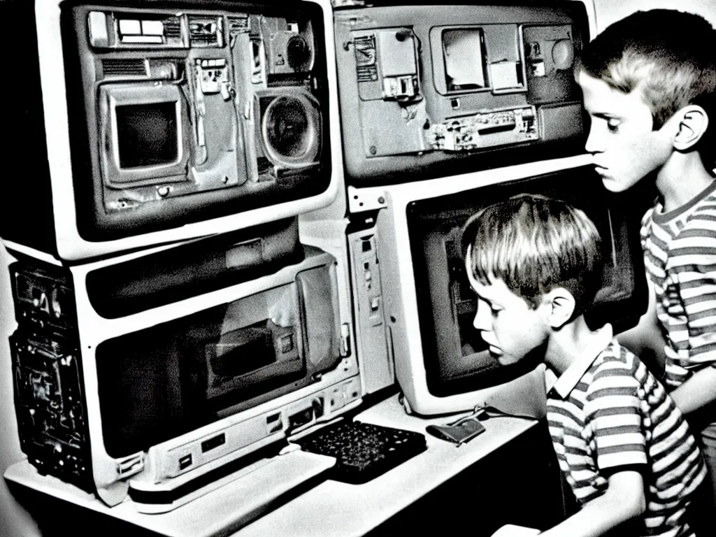 Image similar to boy looking at the PC computer from 90s by Laurie Lipton, grainy film kodak