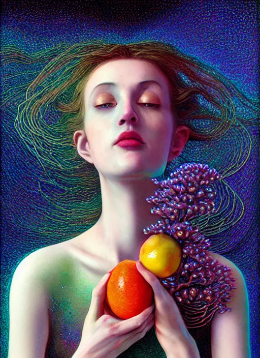 Image similar to hyper detailed 3d render like a Oil painting - Aurora (Singer) Eats of the Strangling Fruit and Her delicate Hands hold of gossamer thin polyp celium blossoms bring iridescent fungal flowers whose spores black the foolish stars by Jacek Yerka, Mariusz Lewandowski, Houdini algorithmic generative render, Abstract brush strokes, Masterpiece, Edward Hopper and James Gilleard, Zdzislaw Beksinski, Mark Ryden, Wolfgang Lettl, hints of Yayoi Kasuma, octane render, unreal engine 5 render, 8k