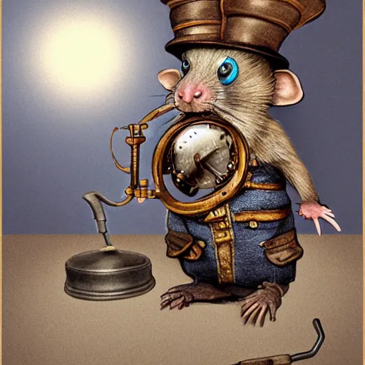 Prompt: a rat with steampunk googles mining for gold